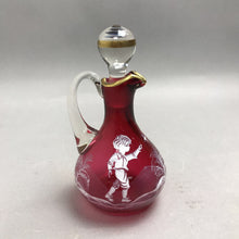 Load image into Gallery viewer, Vintage Mary Gregory Hand Painted Cranberry Red Glass Cruet W/Glass Stopper(7")
