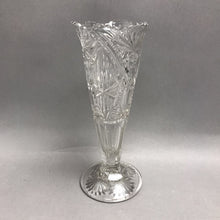 Load image into Gallery viewer, Antique Victorian Pressed Glass Trumpet Vase Star Fan Diamond Pedestal (10")
