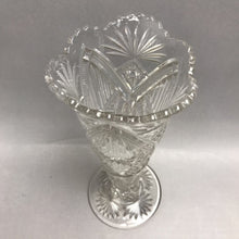 Load image into Gallery viewer, Antique Victorian Pressed Glass Trumpet Vase Star Fan Diamond Pedestal (10")

