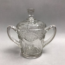Load image into Gallery viewer, EAPG Jenkins Glass Covered Sugar Bowl Paneled Iris or Thistleblow circa 1916
