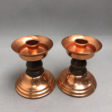 Load image into Gallery viewer, 2 MCM Copper Craft Guild Taper Candle Holders Wood Middle Design (4.5")
