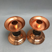 Load image into Gallery viewer, 2 MCM Copper Craft Guild Taper Candle Holders Wood Middle Design (4.5")
