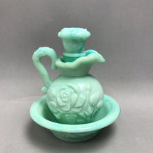 Load image into Gallery viewer, Avon Jadeite Green Swirl Milk Glass Rose Mini Bowl &amp; Pitcher Set 1976, Empty (6")
