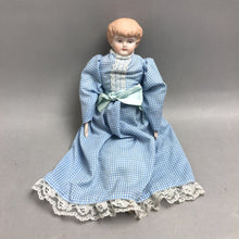 Load image into Gallery viewer, Unmarked Porcelain Bisque Doll Blue Gingham Dress Cloth Body (14")
