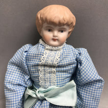 Load image into Gallery viewer, Unmarked Porcelain Bisque Doll Blue Gingham Dress Cloth Body (14")
