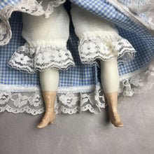 Load image into Gallery viewer, Unmarked Porcelain Bisque Doll Blue Gingham Dress Cloth Body (14")
