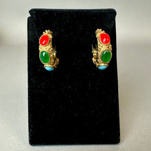Load image into Gallery viewer, Vintage Kenneth Lane Byzantine Faux Multi-Stone Cabochon Hoop Clip Earrings (1")
