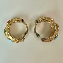 Load image into Gallery viewer, Vintage Kenneth Lane Byzantine Faux Multi-Stone Cabochon Hoop Clip Earrings (1")
