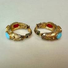 Load image into Gallery viewer, Vintage Kenneth Lane Byzantine Faux Multi-Stone Cabochon Hoop Clip Earrings (1")
