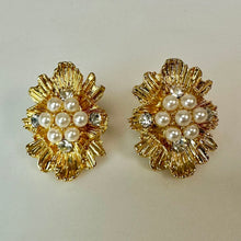 Load image into Gallery viewer, Vintage Goldtone Faux Pearl Rhinestone Clip Earrings (1.25")
