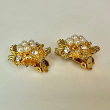 Load image into Gallery viewer, Vintage Goldtone Faux Pearl Rhinestone Clip Earrings (1.25")
