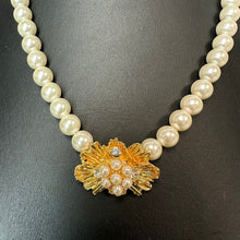 Load image into Gallery viewer, Vintage Faux Pearl Necklace w/ Goldtone Rhinestone Faux Pearl Focal (17.5")
