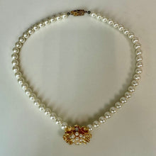 Load image into Gallery viewer, Vintage Faux Pearl Necklace w/ Goldtone Rhinestone Faux Pearl Focal (17.5")

