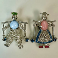Load image into Gallery viewer, Vintage Dujay Dutch Boy &amp; Girl Rhinestone Jelly Belly Fur Collar Clip Set As-Is (1.5")
