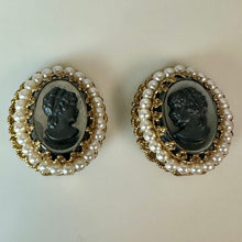 Load image into Gallery viewer, Vintage West German Black Cameo Faux Pearl Clip Earrings (1")
