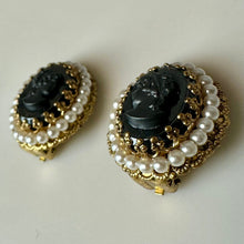 Load image into Gallery viewer, Vintage West German Black Cameo Faux Pearl Clip Earrings (1")
