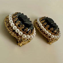 Load image into Gallery viewer, Vintage West German Black Cameo Faux Pearl Clip Earrings (1")
