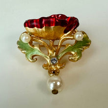 Load image into Gallery viewer, Vintage Joan Rivers Victorian Red Flower w/ Faux Pearl Dangle Brooch Pin (1.5")

