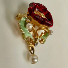 Load image into Gallery viewer, Vintage Joan Rivers Victorian Red Flower w/ Faux Pearl Dangle Brooch Pin (1.5")
