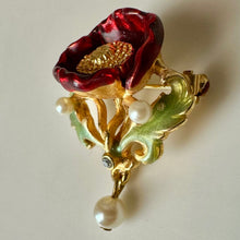 Load image into Gallery viewer, Vintage Joan Rivers Victorian Red Flower w/ Faux Pearl Dangle Brooch Pin (1.5")
