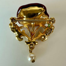 Load image into Gallery viewer, Vintage Joan Rivers Victorian Red Flower w/ Faux Pearl Dangle Brooch Pin (1.5")
