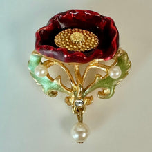 Load image into Gallery viewer, Vintage Joan Rivers Victorian Red Flower w/ Faux Pearl Dangle Brooch Pin (1.5")
