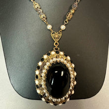 Load image into Gallery viewer, Vintage West German Goldtone Black Glass Cabochon Faux Pearl Rhinestone Necklace (26")
