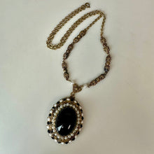 Load image into Gallery viewer, Vintage West German Goldtone Black Glass Cabochon Faux Pearl Rhinestone Necklace (26")
