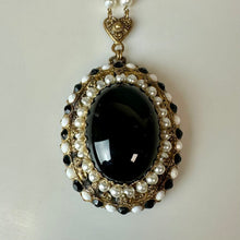 Load image into Gallery viewer, Vintage West German Goldtone Black Glass Cabochon Faux Pearl Rhinestone Necklace (26")
