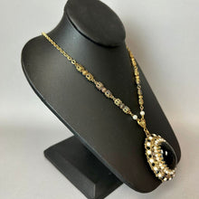 Load image into Gallery viewer, Vintage West German Goldtone Black Glass Cabochon Faux Pearl Rhinestone Necklace (26")
