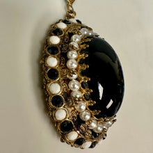 Load image into Gallery viewer, Vintage West German Goldtone Black Glass Cabochon Faux Pearl Rhinestone Necklace (26")
