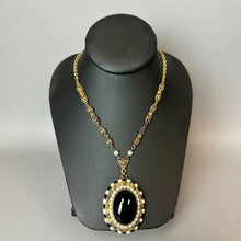 Load image into Gallery viewer, Vintage West German Goldtone Black Glass Cabochon Faux Pearl Rhinestone Necklace (26")
