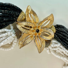 Load image into Gallery viewer, Vintage Black &amp; White Seed Bead Layered Strand Goldtone Flower Clasp Necklace As-Is (16")
