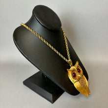 Load image into Gallery viewer, VIntage MCM Heavy Goldtone Amber Glass Cabochon Eyes Owl Statement Pendant on 21" Chain
