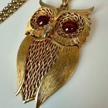Load image into Gallery viewer, VIntage MCM Heavy Goldtone Amber Glass Cabochon Eyes Owl Statement Pendant on 21" Chain
