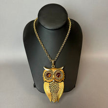Load image into Gallery viewer, VIntage MCM Heavy Goldtone Amber Glass Cabochon Eyes Owl Statement Pendant on 21" Chain
