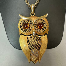 Load image into Gallery viewer, VIntage MCM Heavy Goldtone Amber Glass Cabochon Eyes Owl Statement Pendant on 21" Chain
