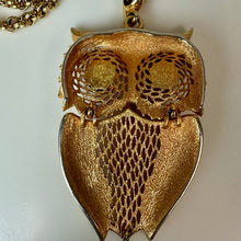 Load image into Gallery viewer, VIntage MCM Heavy Goldtone Amber Glass Cabochon Eyes Owl Statement Pendant on 21" Chain
