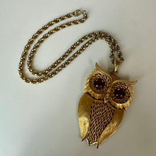 Load image into Gallery viewer, VIntage MCM Heavy Goldtone Amber Glass Cabochon Eyes Owl Statement Pendant on 21" Chain
