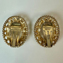 Load image into Gallery viewer, Vintage Park Lane Clear Glass Intaglio Cameo Faux Pearl Clip Earrings As-Is (1.25")
