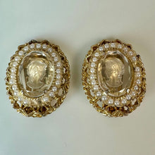 Load image into Gallery viewer, Vintage Park Lane Clear Glass Intaglio Cameo Faux Pearl Clip Earrings As-Is (1.25")
