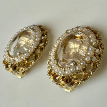 Load image into Gallery viewer, Vintage Park Lane Clear Glass Intaglio Cameo Faux Pearl Clip Earrings As-Is (1.25")

