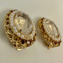 Load image into Gallery viewer, Vintage Park Lane Clear Glass Intaglio Cameo Faux Pearl Clip Earrings As-Is (1.25")
