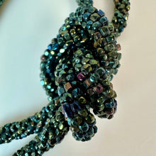 Load image into Gallery viewer, Vintage Black Peacock Metallic Woven Seed Bead Flapper Lariat Necklace (46")

