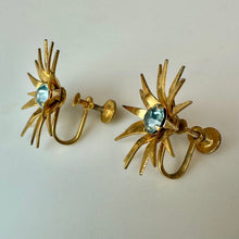 Load image into Gallery viewer, Vintage Mid Century Bugbee &amp; Niles Goldtone Aqua Rhinestone Starburst Screw Back Earrings (1")
