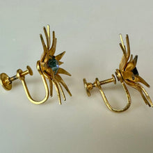 Load image into Gallery viewer, Vintage Mid Century Bugbee &amp; Niles Goldtone Aqua Rhinestone Starburst Screw Back Earrings (1")
