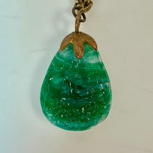 Load image into Gallery viewer, Vintage Art Deco Molded Czech Jade Swirl Glass Rhinestone Pendant on 26" Chain
