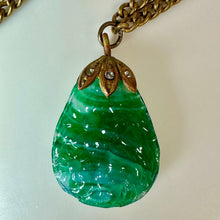 Load image into Gallery viewer, Vintage Art Deco Molded Czech Jade Swirl Glass Rhinestone Pendant on 26" Chain
