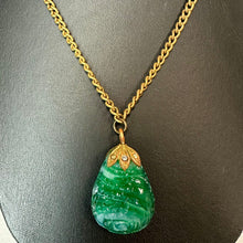 Load image into Gallery viewer, Vintage Art Deco Molded Czech Jade Swirl Glass Rhinestone Pendant on 26" Chain
