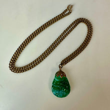 Load image into Gallery viewer, Vintage Art Deco Molded Czech Jade Swirl Glass Rhinestone Pendant on 26" Chain
